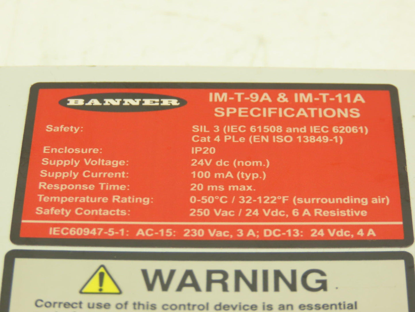 Banner IM-T-9A & IM-T-11A Machine Safety Relay Module 24 VDC