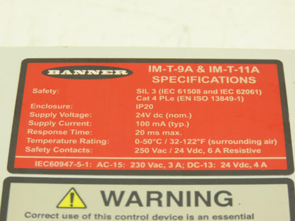 Banner IM-T-9A & IM-T-11A Machine Safety Relay Module 24 VDC