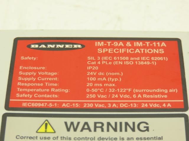Banner IM-T-9A & IM-T-11A Machine Safety Relay Module 24 VDC