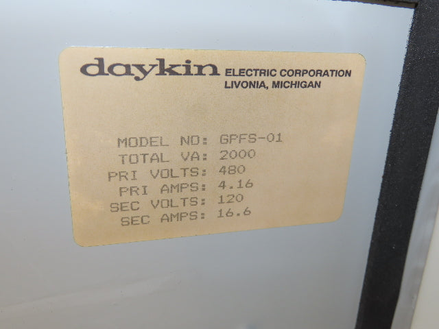 Daykin GPFS-01 Stepdown Power Transformer 2000VA HV 480 LV 120 1PH 16.6A