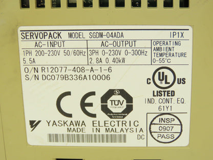 Yaskawa SGDM-04ADA ServoPack Servo Drive 1Ph 230V In 0.4kW 230V 2.8A 300Hz Out