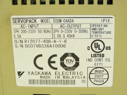 Yaskawa SGDM-04ADA ServoPack Servo Drive 1Ph 230V In 0.4kW 230V 2.8A 300Hz Out