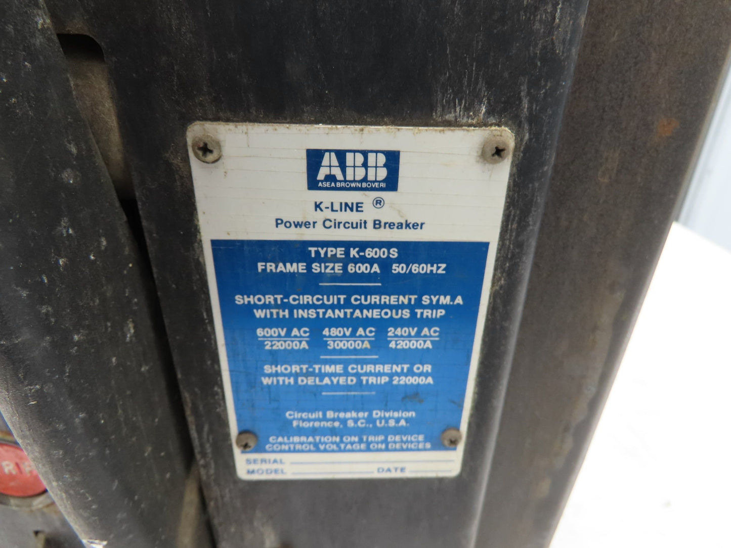 ABB K-600S Low Voltage Power Air Circuit Breaker 600A 600V Solid State Trip