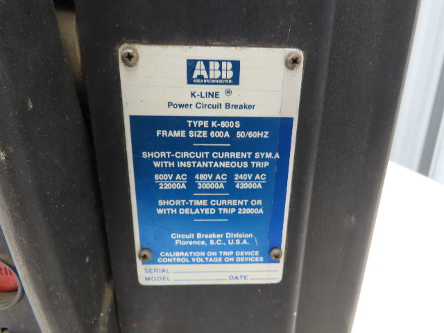 ABB K-600S Low Voltage Power Air Circuit Breaker 600A 600V Solid State Trip