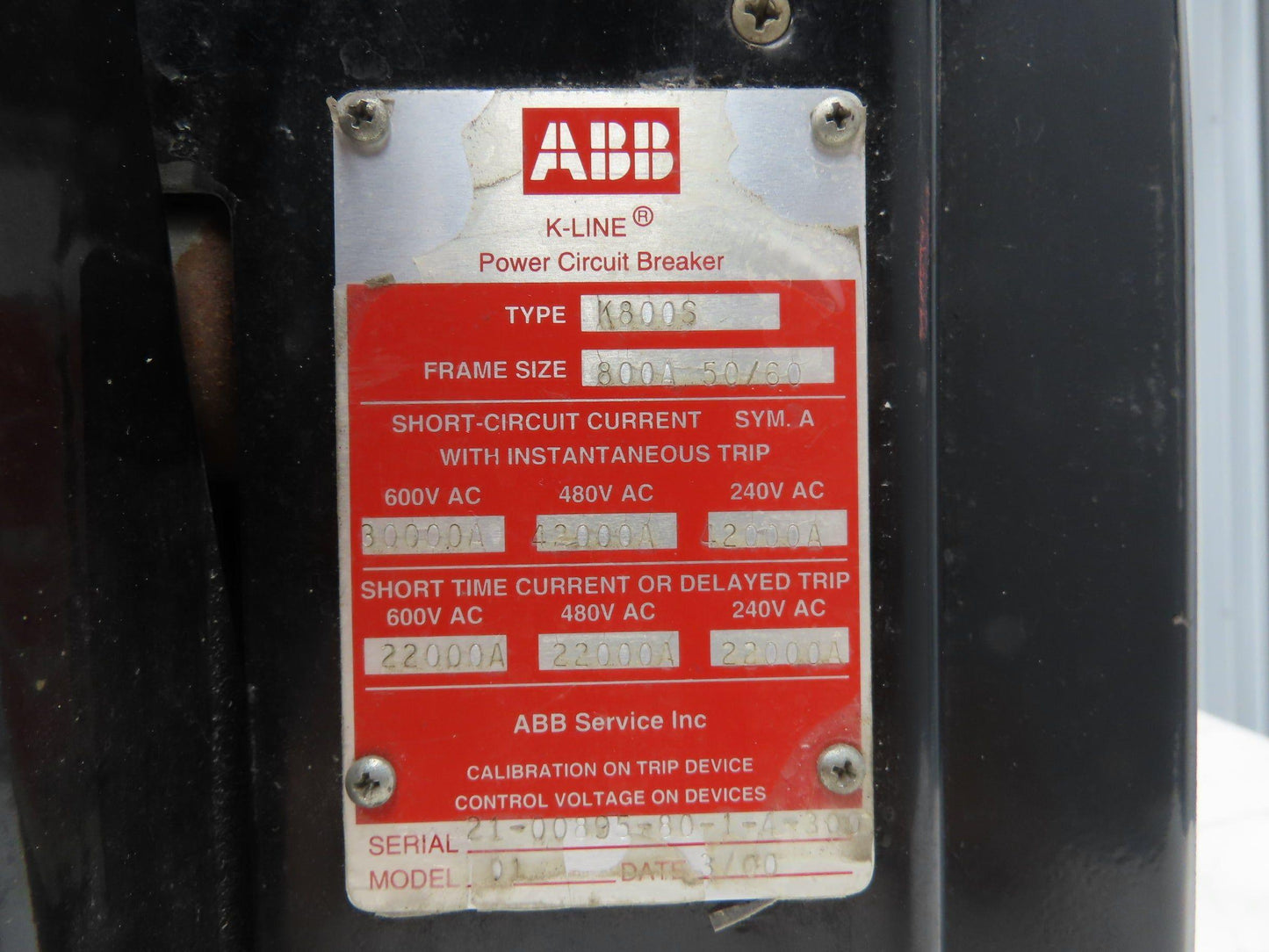 ABB K-800S Low Voltage Power Air Circuit Breaker 800A 600V Solid State Trip