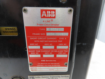 ABB K-800S Low Voltage Power Air Circuit Breaker 800A 600V Solid State Trip