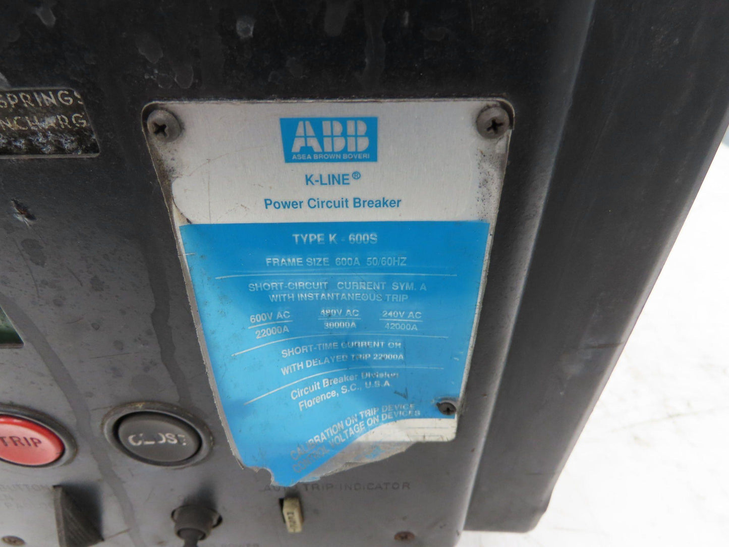 ABB K-600S Low Voltage Power Air Circuit Breaker 600A 600V Solid State Trip