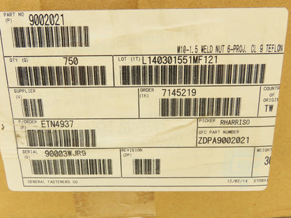 Weld Nuts Teflon Coated Thread M10-1.5 CL 9 Hex Box of 750