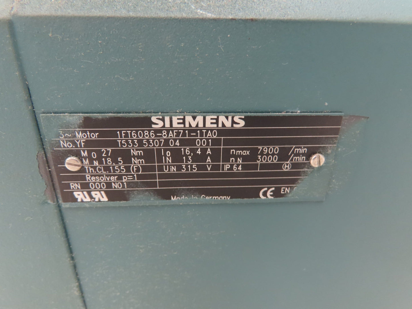 Siemens 1FT6086-8AF71-1TA0 SIMOTICS S Servo Motor 315V 3PH