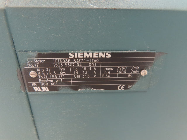 Siemens 1FT6086-8AF71-1TA0 SIMOTICS S Servo Motor 315V 3PH