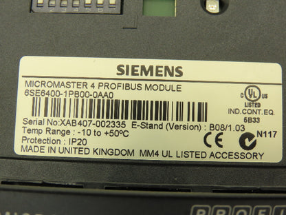 Siemens 6SE6400-1PB00-0AA0 Micromaster 4 VFD Process Field Bus Profibus Module