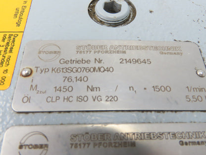 Stober K613SG0760MQ40 Helical Gearbox 76.14:1 Reducer 20rpm Hollow Shaft IEC 112