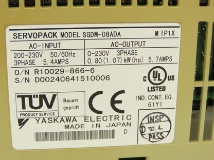 Yaskawa SGDM-08ADA ServoPack Servo Drive 3Ph 230V In 0.8kW 230V 5.7A 3Ph Out
