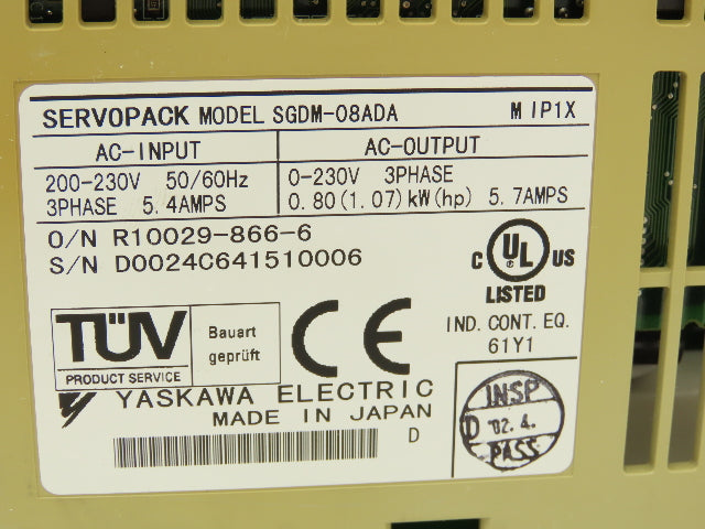 Yaskawa SGDM-08ADA ServoPack Servo Drive 3Ph 230V In 0.8kW 230V 5.7A 3Ph Out
