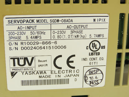 Yaskawa SGDM-08ADA ServoPack Servo Drive 3Ph 230V In 0.8kW 230V 5.7A 3Ph Out