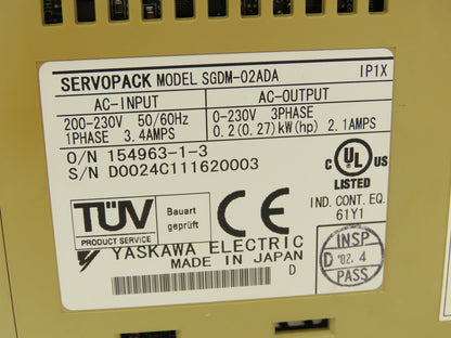 Yaskawa SGDM-02ADA ServoPack Servo Drive 1Ph 230V In 0.2kW 230V 2.1A 3Ph Out