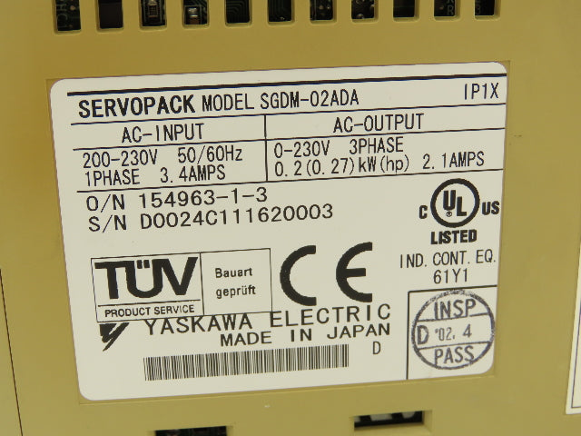 Yaskawa SGDM-02ADA ServoPack Servo Drive 1Ph 230V In 0.2kW 230V 2.1A 3Ph Out