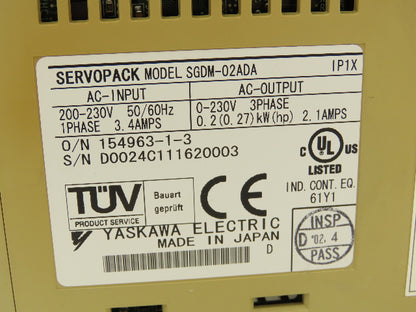 Yaskawa SGDM-02ADA ServoPack Servo Drive 1Ph 230V In 0.2kW 230V 2.1A 3Ph Out