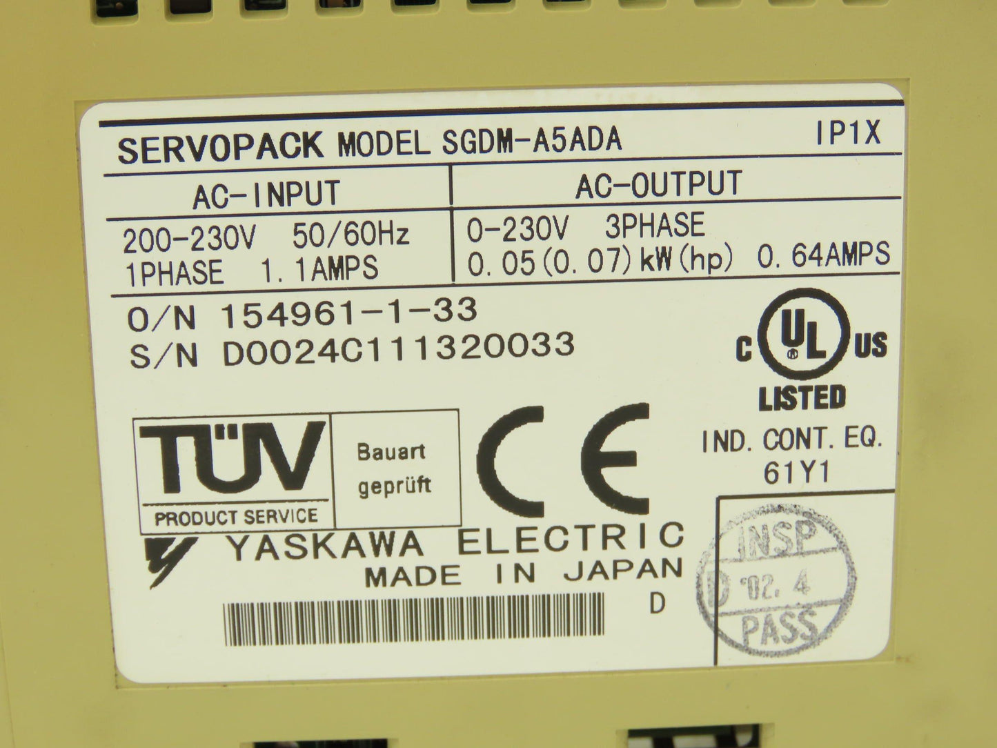 Yaskawa SGDM-A5ADA ServoPack Servo Drive 1Ph 230V In 0.05kW 230V 0.64A 3Ph Out