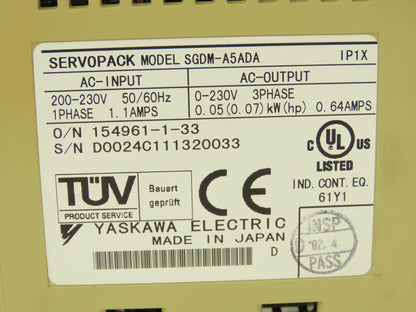 Yaskawa SGDM-A5ADA ServoPack Servo Drive 1Ph 230V In 0.05kW 230V 0.64A 3Ph Out