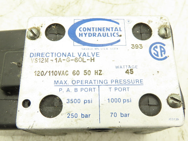 Continental Hydraulics VS12M-1A-G-60L-H Directional Control Solenoid Valve 120V