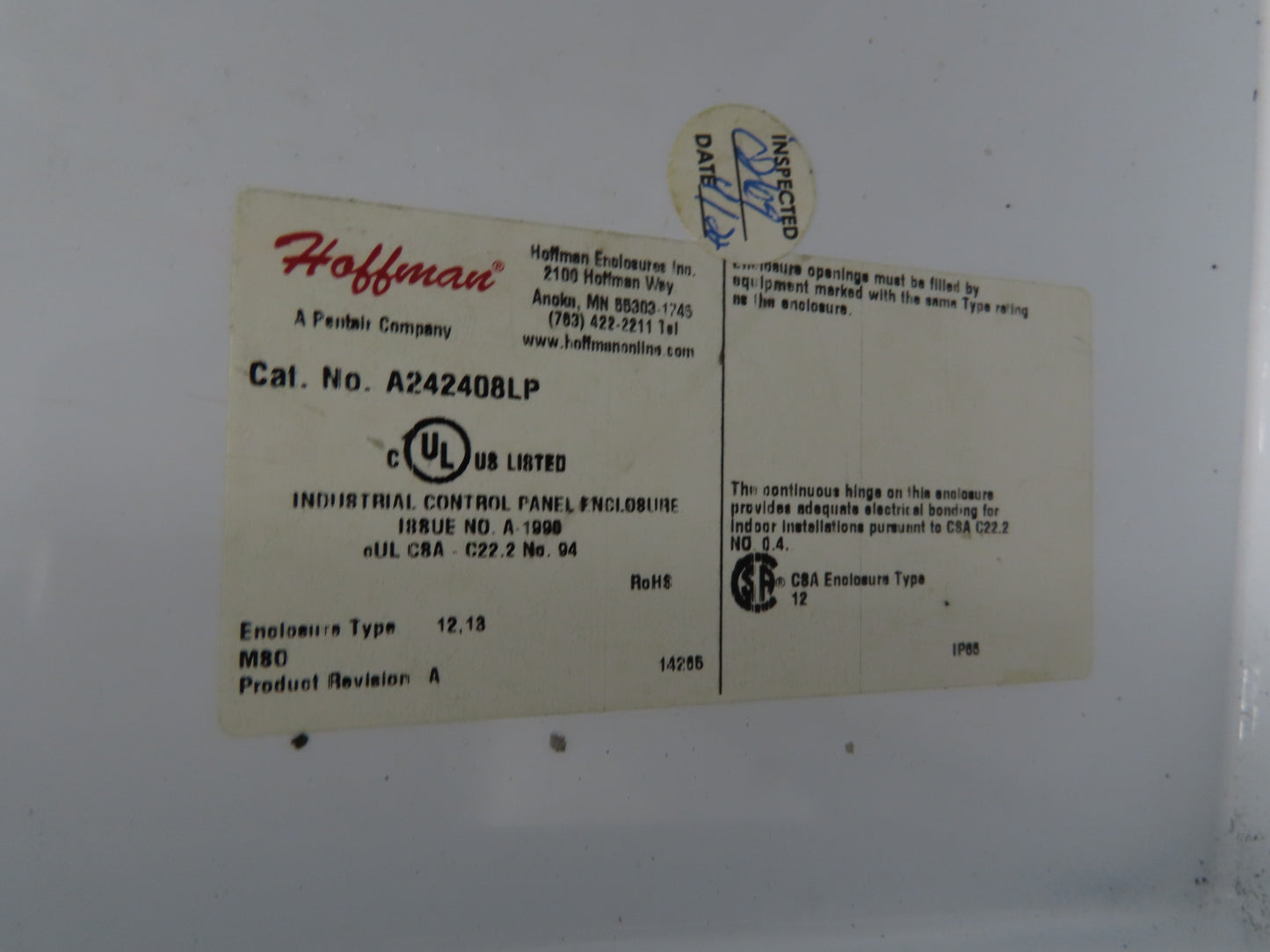 Hoffman A242408LP Electrical Enclosure Control Panel 24x24x8" W/Disconnect JIC