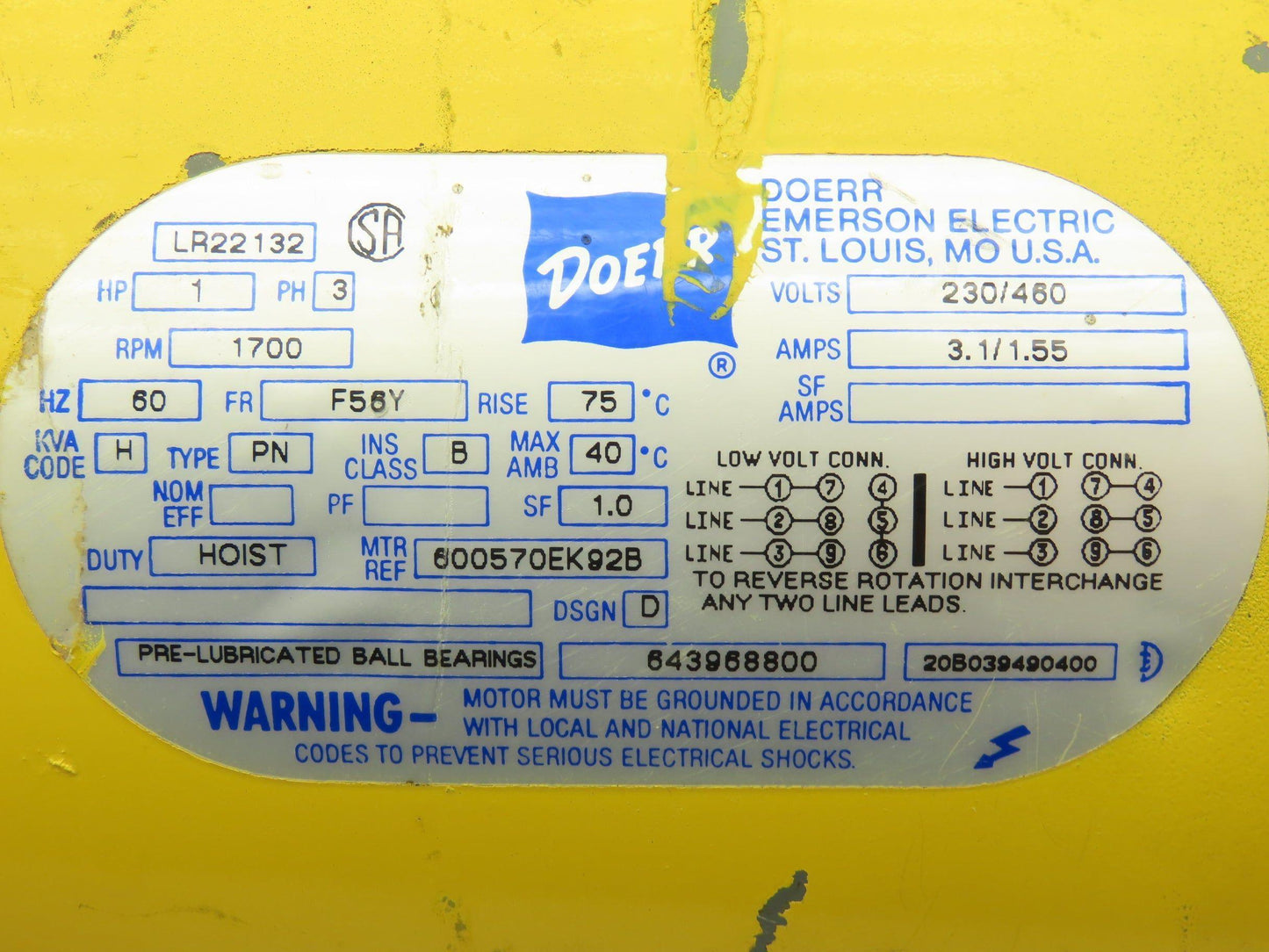 Emerson Doerr LR22132 Bridge Crane Hoist Motor 1Hp 1700rpm 230/460V F56Y