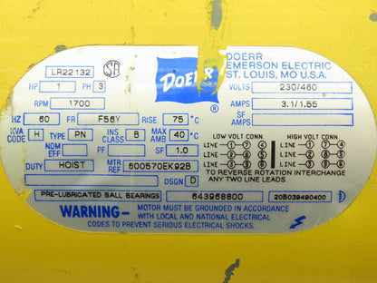 Emerson Doerr LR22132 Bridge Crane Hoist Motor 1Hp 1700rpm 230/460V F56Y