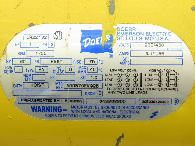 Emerson Doerr LR22132 Bridge Crane Hoist Motor 1Hp 1700rpm 230/460V F56Y