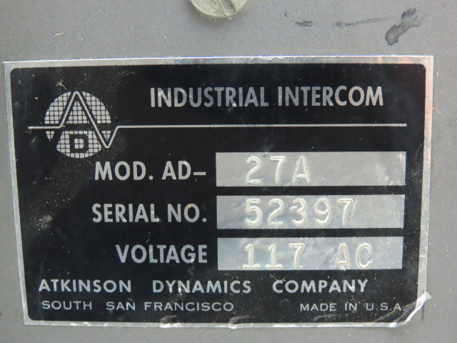 Atkinson Dynamics AD-27A Industrial Intercom Loudspeaker w/Call Button 120V