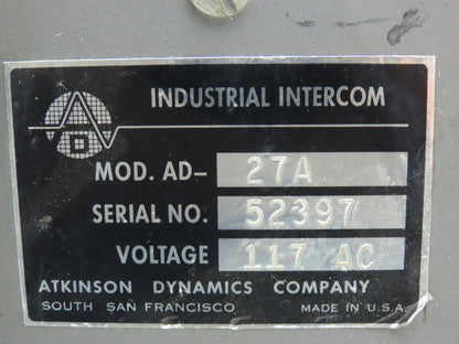 Atkinson Dynamics AD-27A Industrial Intercom Loudspeaker w/Call Button 120V