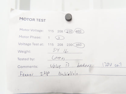 Fenner Hydraulic Power Unit Pump 1 Gallon 2Hp 230/460V 3Ph Motor Solenoid Valve