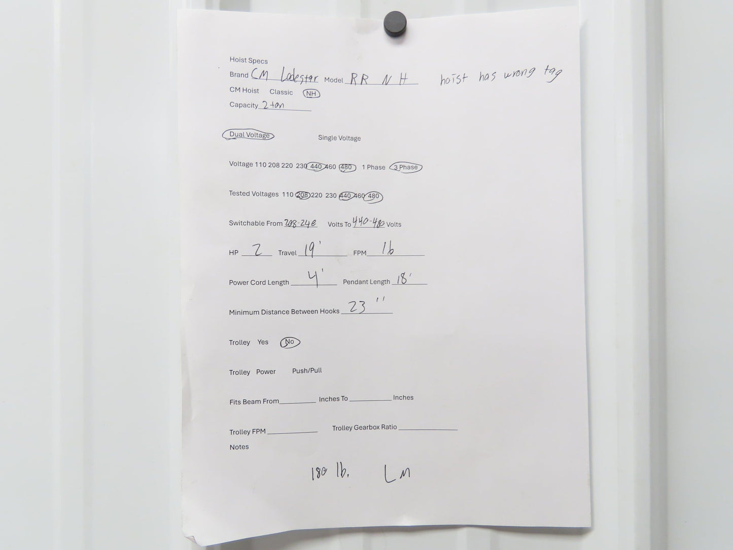 CM Lodestar RR 2 Ton Electric Chain Hoist 16 FPM 19' Lift 230/460 3PH 18'Control