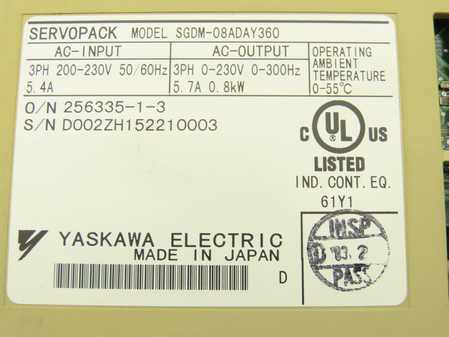 Yaskawa SGDM-08ADAY360 ServoPack Servo Drive 1Ph 230V In 0.2kW 230V 2.1A 3Ph Out