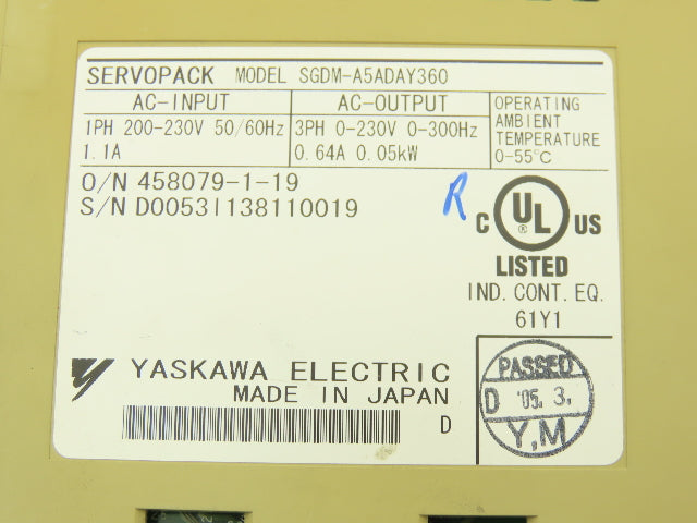 Yaskawa SGDM-A5ADAY360 ServoPack Servo Drive 1Ph In 0.05kW 0.64A 3Ph Out 230V