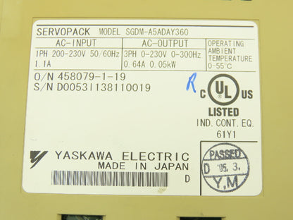 Yaskawa SGDM-A5ADAY360 ServoPack Servo Drive 1Ph In 0.05kW 0.64A 3Ph Out 230V