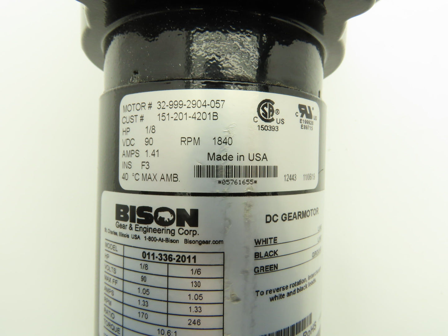 Bison 011-336-2011 Gearmotor 10.6:1 Reducer 170rpm Parallel Output