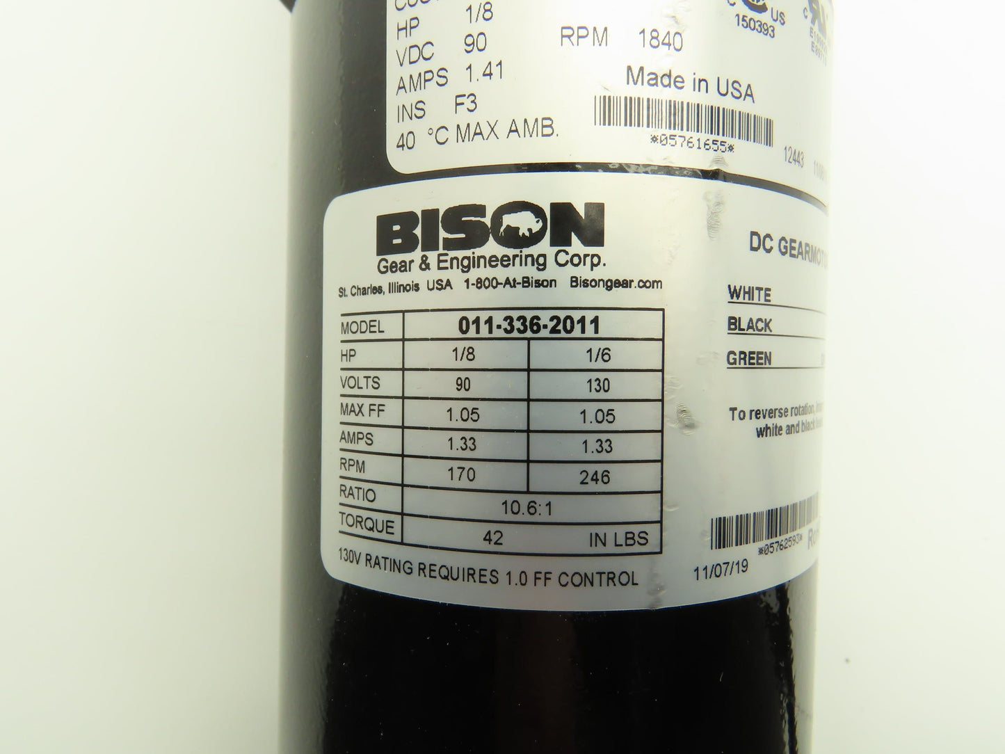 Bison 011-336-2011 Gearmotor 10.6:1 Reducer 170rpm Parallel Output