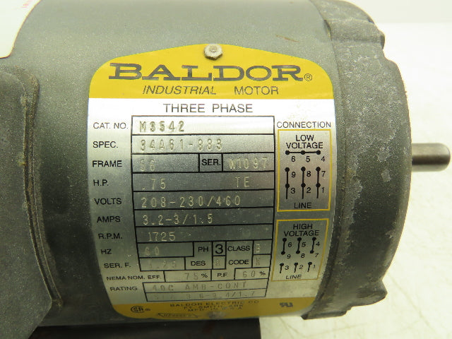 Baldor Reliance M3542 AC Motor 3/4Hp 1725 RPM 208-230/460V 3PH 56 Frame TEFC