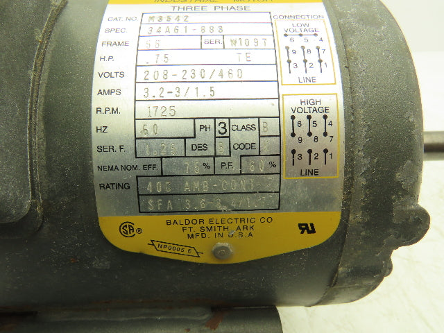 Baldor Reliance M3542 AC Motor 3/4Hp 1725 RPM 208-230/460V 3PH 56 Frame TEFC