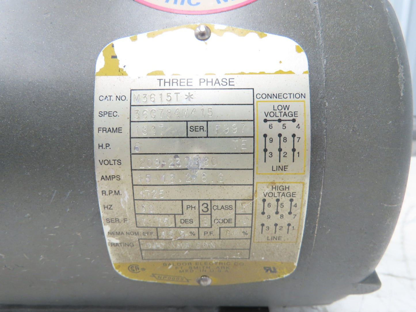 Baldor M3615T AC Motor 5Hp 1725rpm 208-230/460v 3ph 184T TE