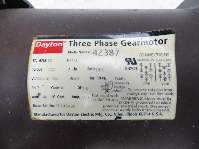 Dayton 4Z387 Gearmotor 19:1 Reducer 1/3Hp 90rpm 208-230/460v 3ph Parallel Output