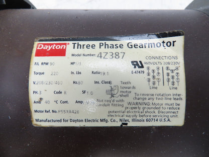 Dayton 4Z387 Gearmotor 19:1 Reducer 1/3Hp 90rpm 208-230/460v 3ph Parallel Output