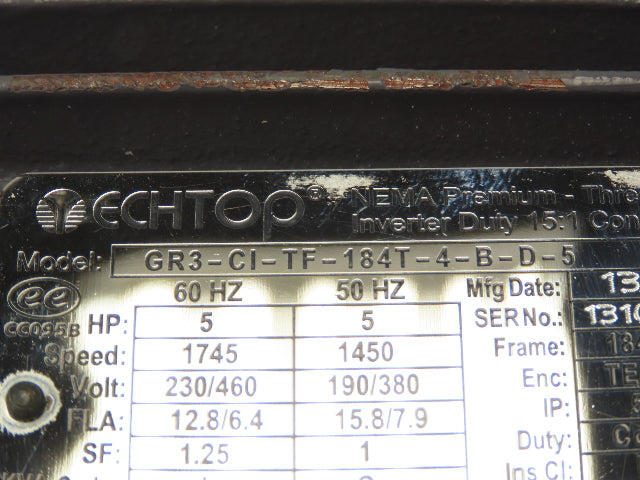 Techtop GR3-CI-TF-184T-4-B-D-5 AC Motor 5Hp 1745rpm 230/460v 3ph 184T TEFC