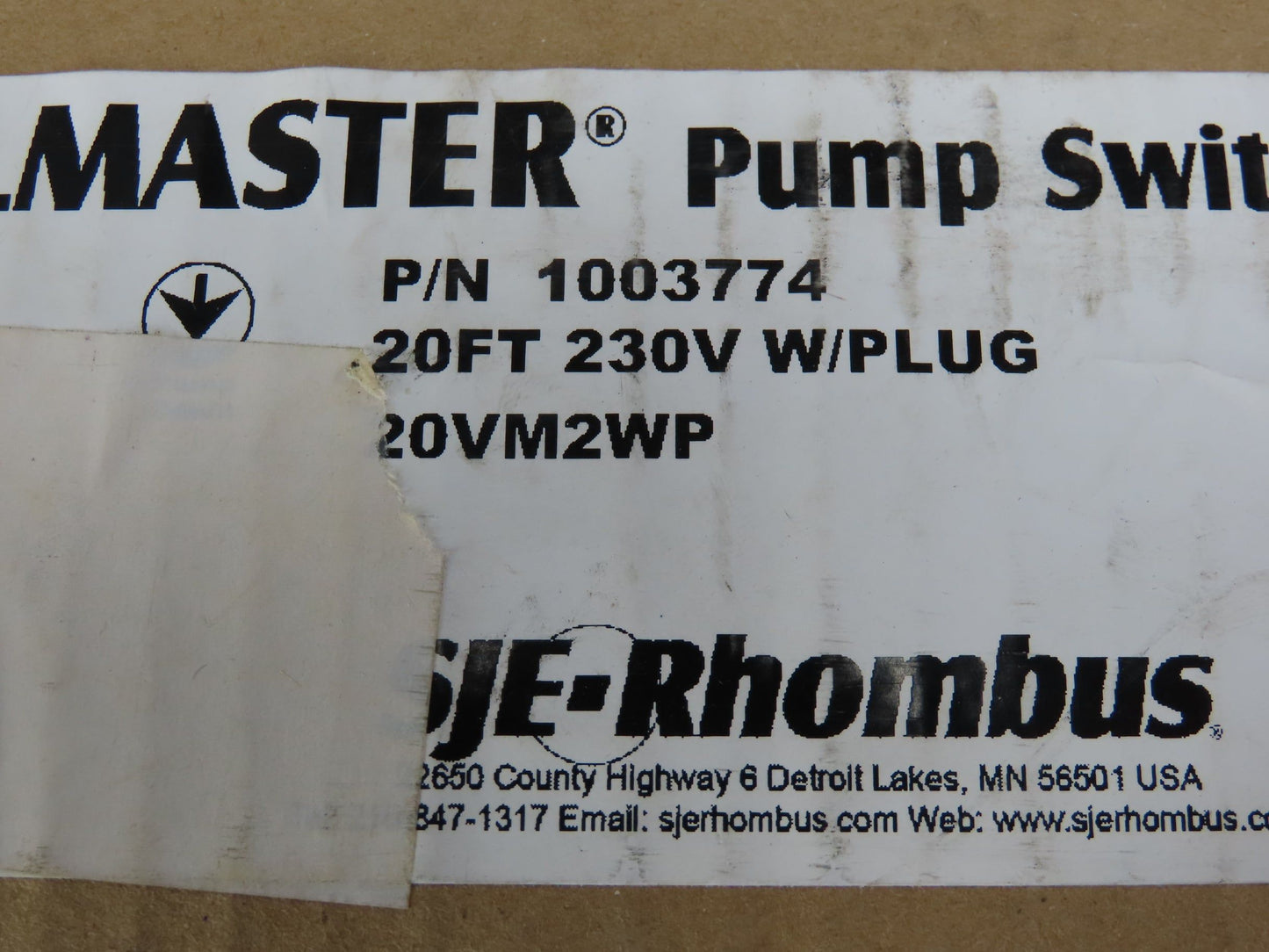 SJE-Rhombus 20VM2WP VerticalMaster Pump Switch 230V 20' Cord