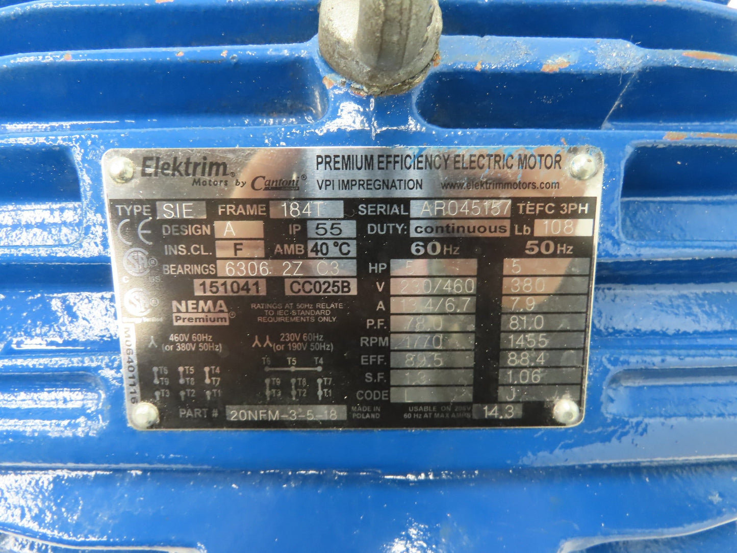 Cantoni 20NFM-3-5-18 Elektrim AC Motor 5Hp 1745rpm 230/460v 3ph 184T TEFC