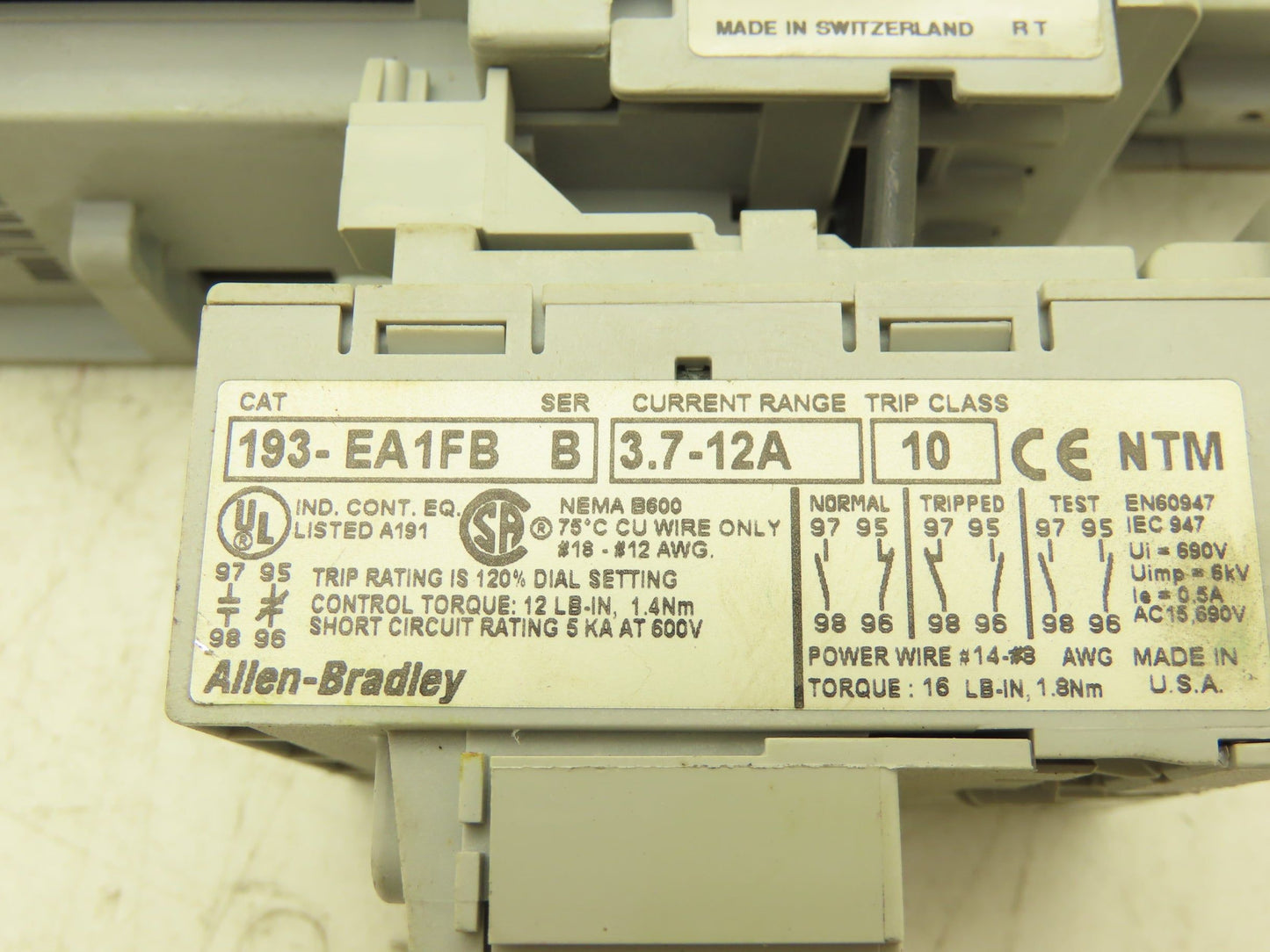 Allen Bradley 193-EA1FB Motor Starter Overload Relay 3.7-12A 120V Coil