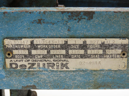 DeZurik 827 Flanged 3" Knife Gate Valve 316SS Rising Stem Metal Seat