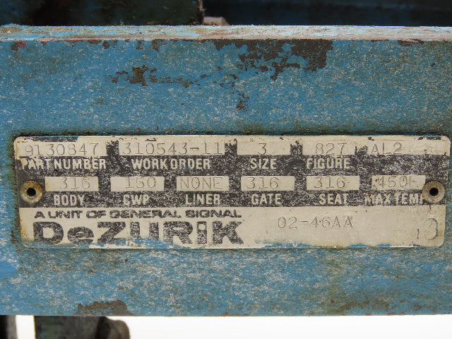 DeZurik 827 Flanged 3" Knife Gate Valve 316SS Rising Stem Metal Seat