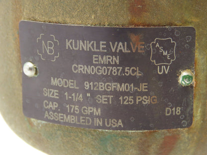 Kunkle Safety Relief Valve Side Outlet 125psig Set Pressure 1-1/4" NPT